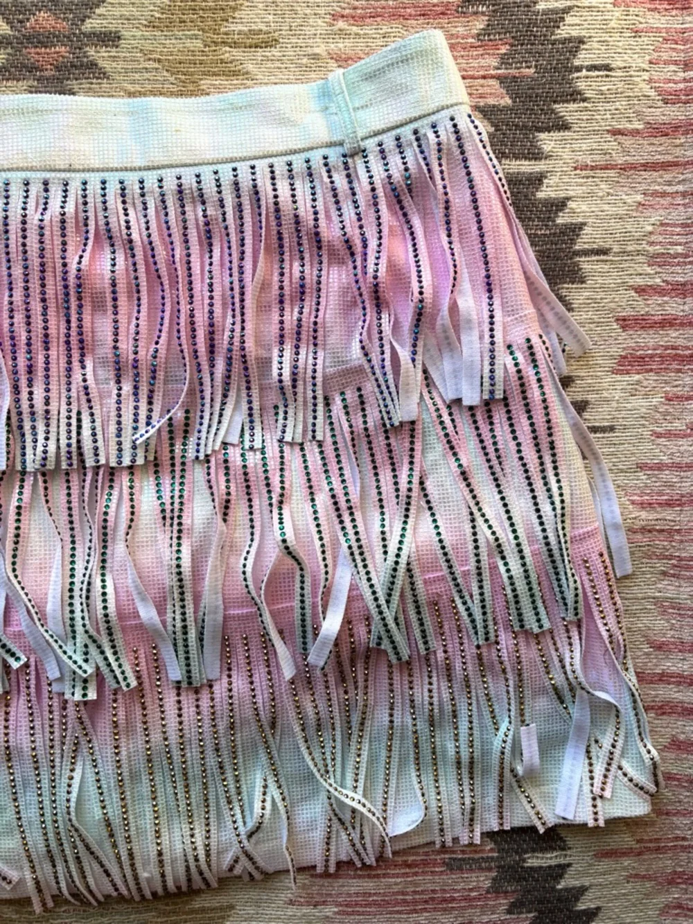 QUEEN OF SPARKLES Mardi Gras fringe pink and green mini skirt - Picture 3 of 6